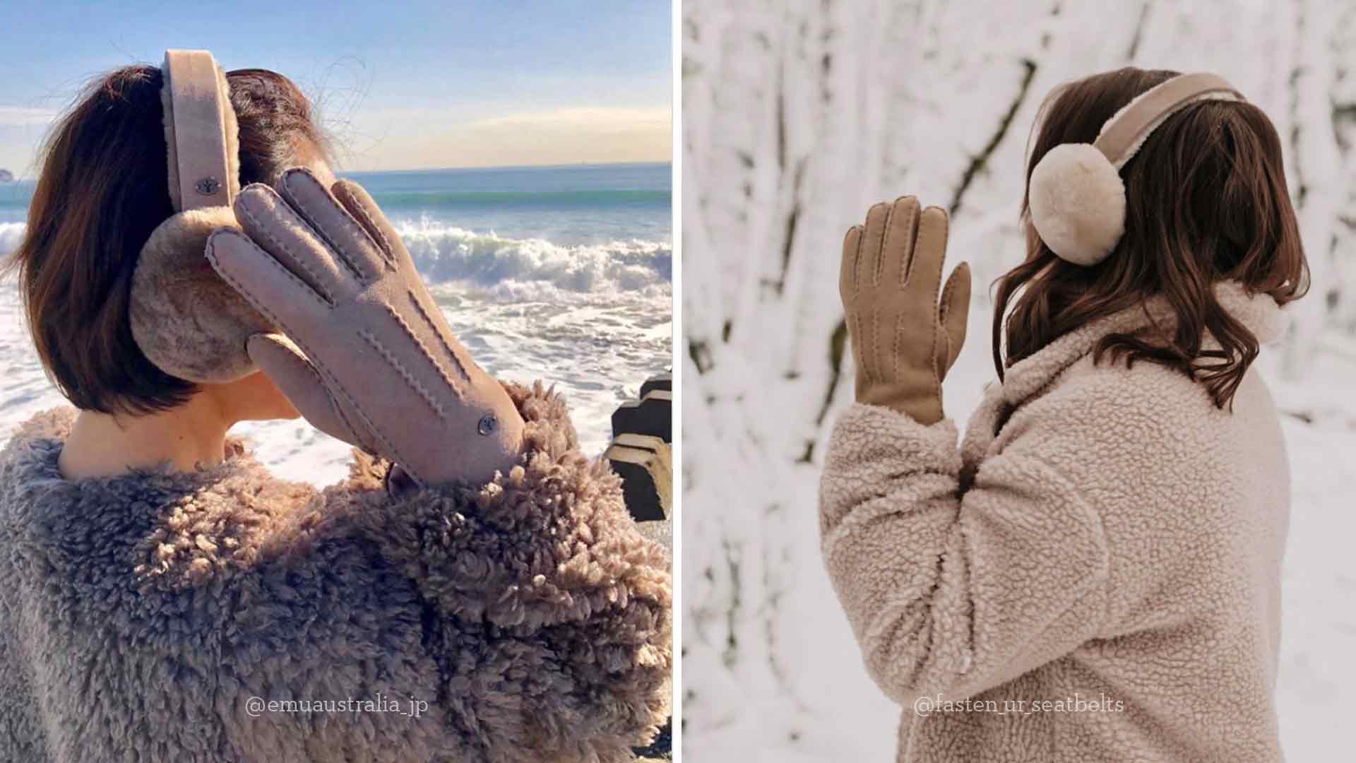 Collage of women outdoors in snow wearing EMU sheepskin gloves and earmuffs