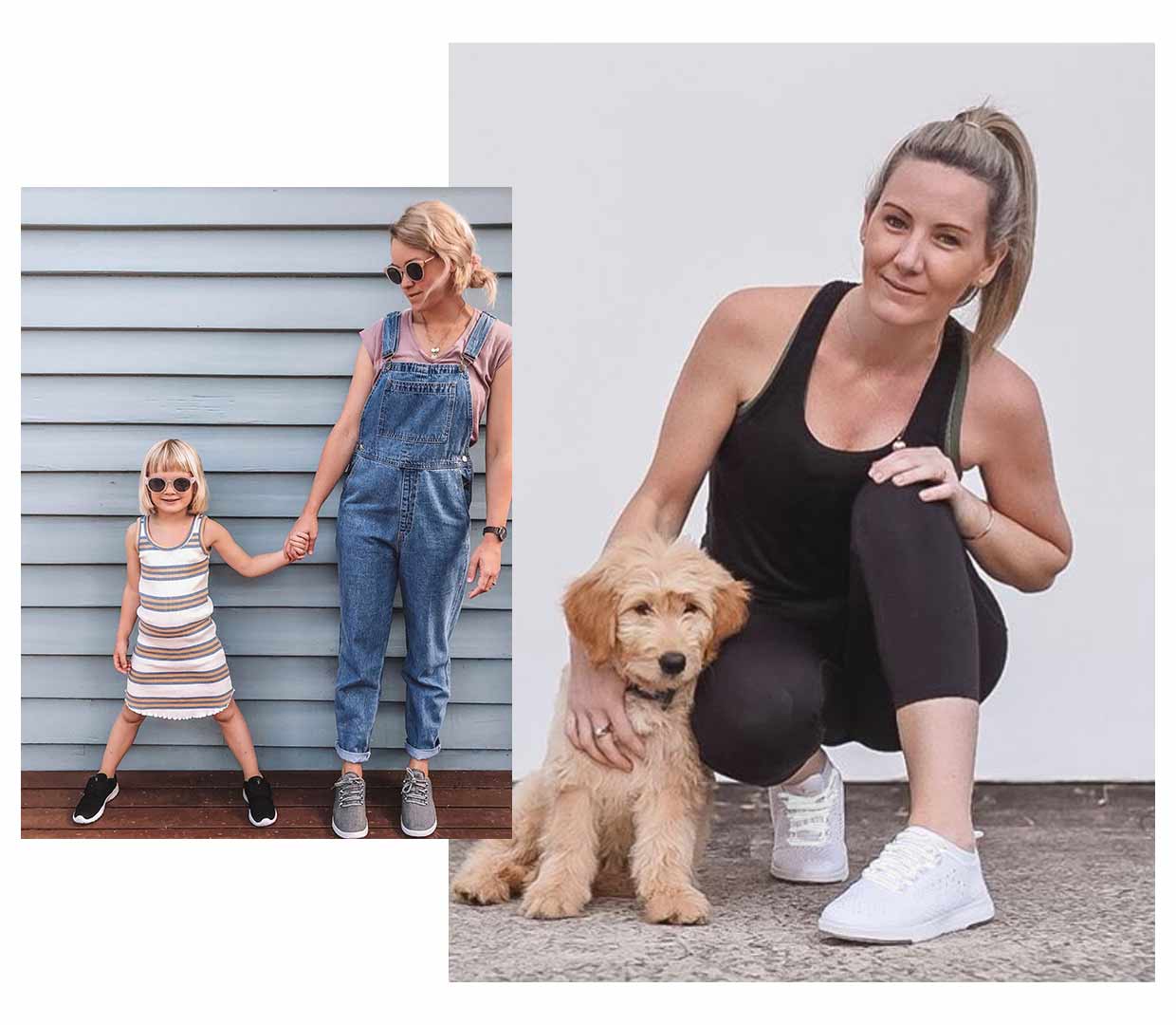 Collage of mums and child wearing EMU Australia wool sneakers