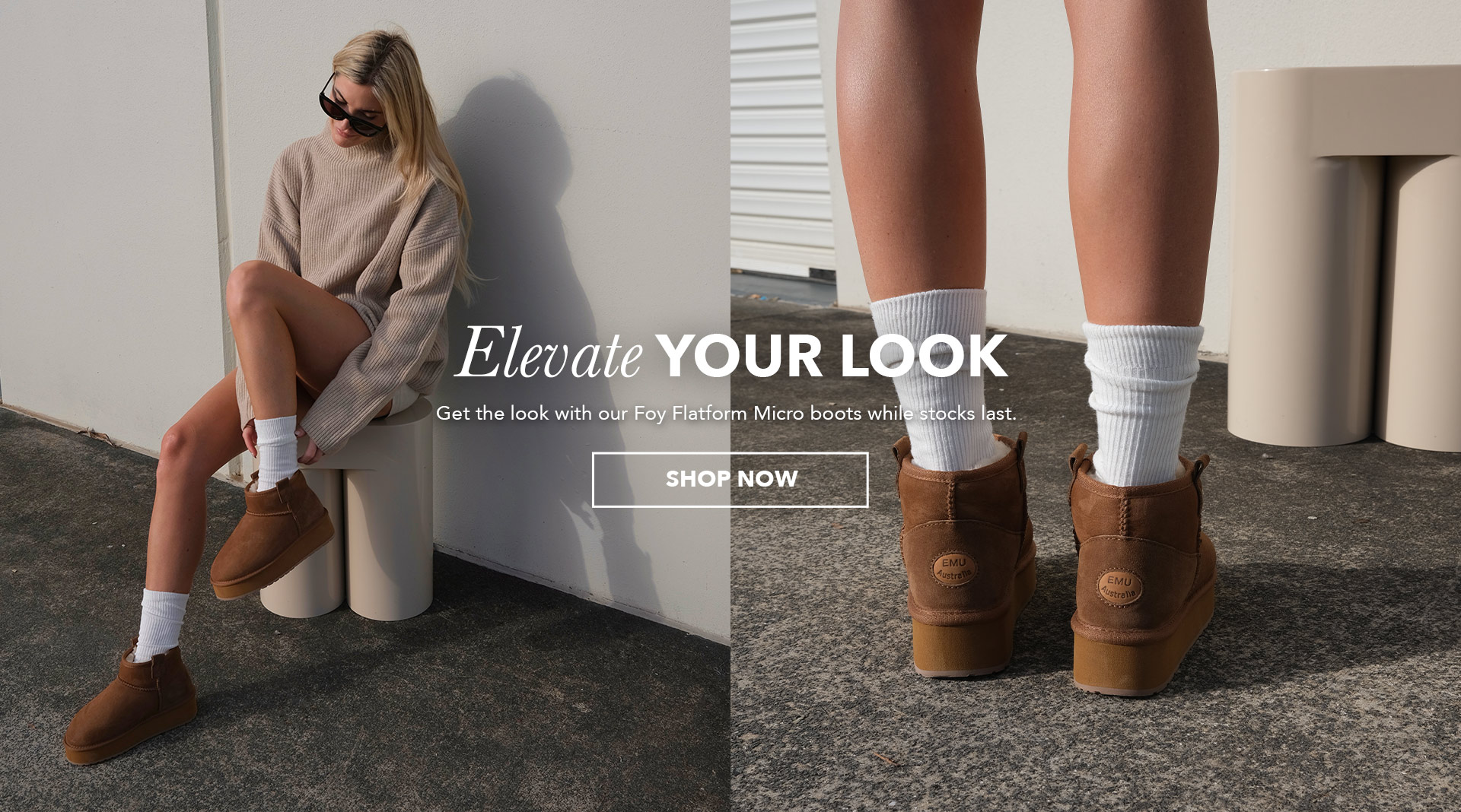 Woman wearing on-trend Australian sheepskin platform micro boots and long white socks, text reads: Elevate Your Look, Pre-order Now