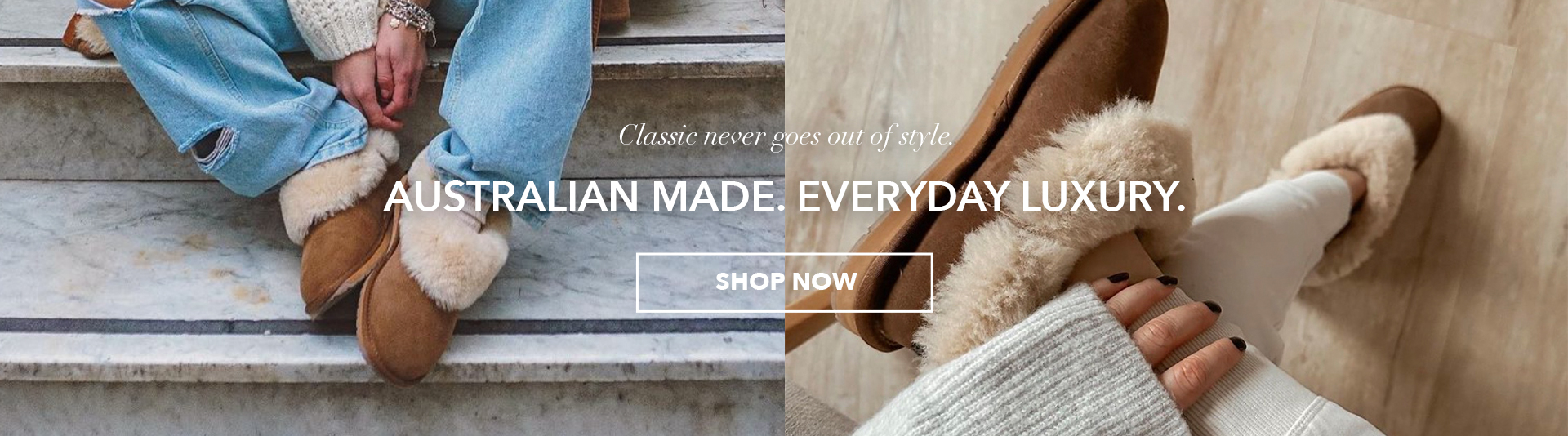 Woman wearing Platinum Mintaro sheepskin slippers. Classic never goes out of style. Australian Made. Everyday Luxury. Shop Now.