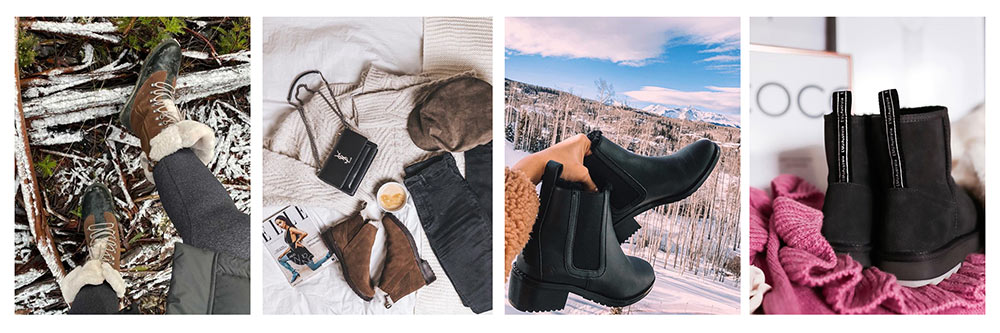 Collage of best travel styles, EMU waterproof boots, sheepskin boots 