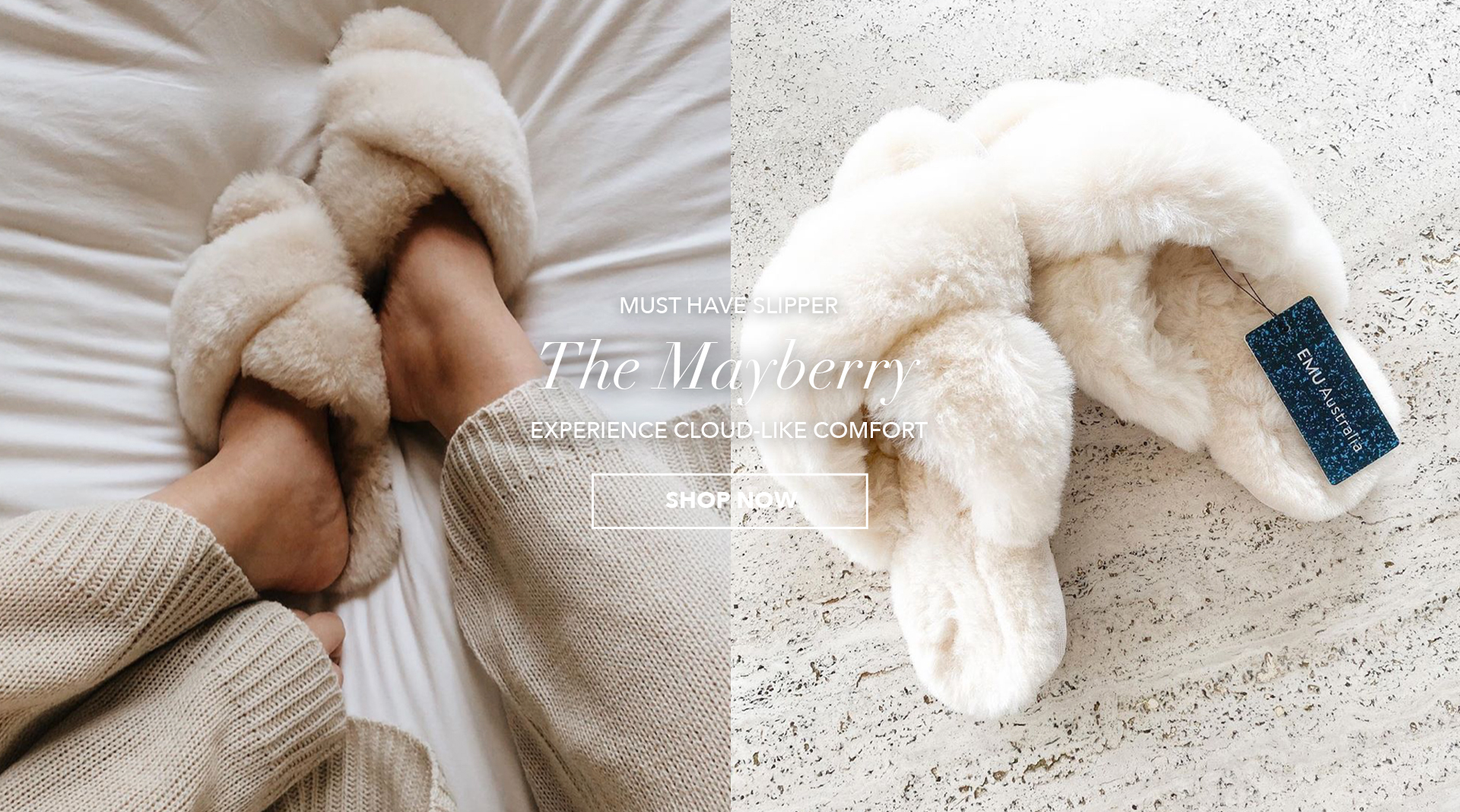 Girl wearing Mayberry sheepskin slippers. Must-have slipper: The Mayberry. Experience cloud-like comfort. Shop Now.