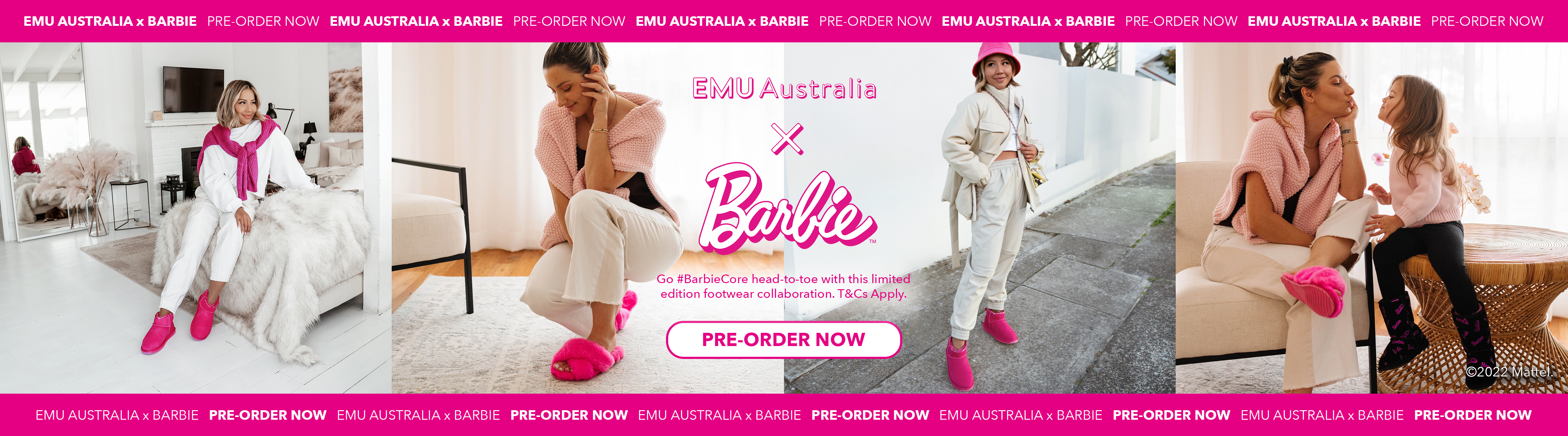 Woman wearing pink sheepskin boots in lounge, woman crouching down wearing pink sheepskin slippers insode,
                woman standing outside wearing pink sheepskin boots, mother and daughtersmiling at each other wearing limited edition barbie womens slippers and kids boots.
                Pre-order EMU x BARBIE Collab now.