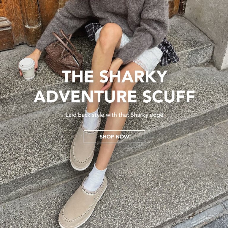 ADD ALT TEXT reads:The Sharky Adventure Scuff. Laid back style with that Sharky edge. Shop now.