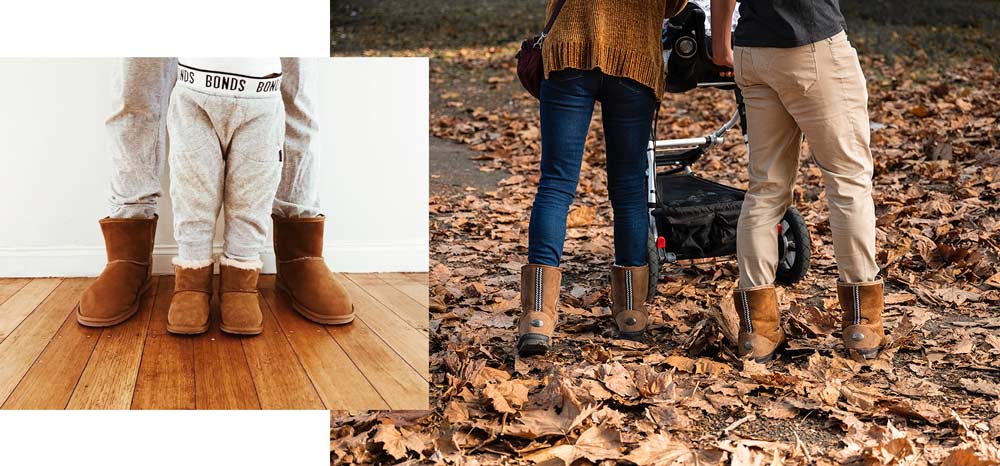 Father and son wearing matching EMU Australia sheepskin boots, couple pushing pram outside wearing matching EMU Australia Platinum Outback Lo's