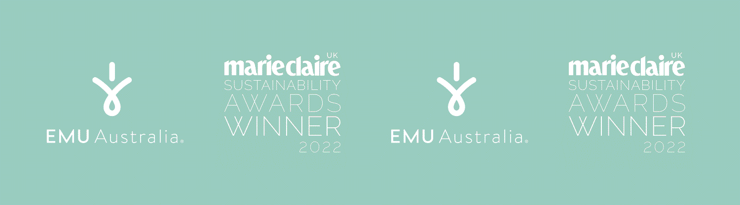 EMU Australia logo, Marie Claire sustainability awards winner 2022 logo