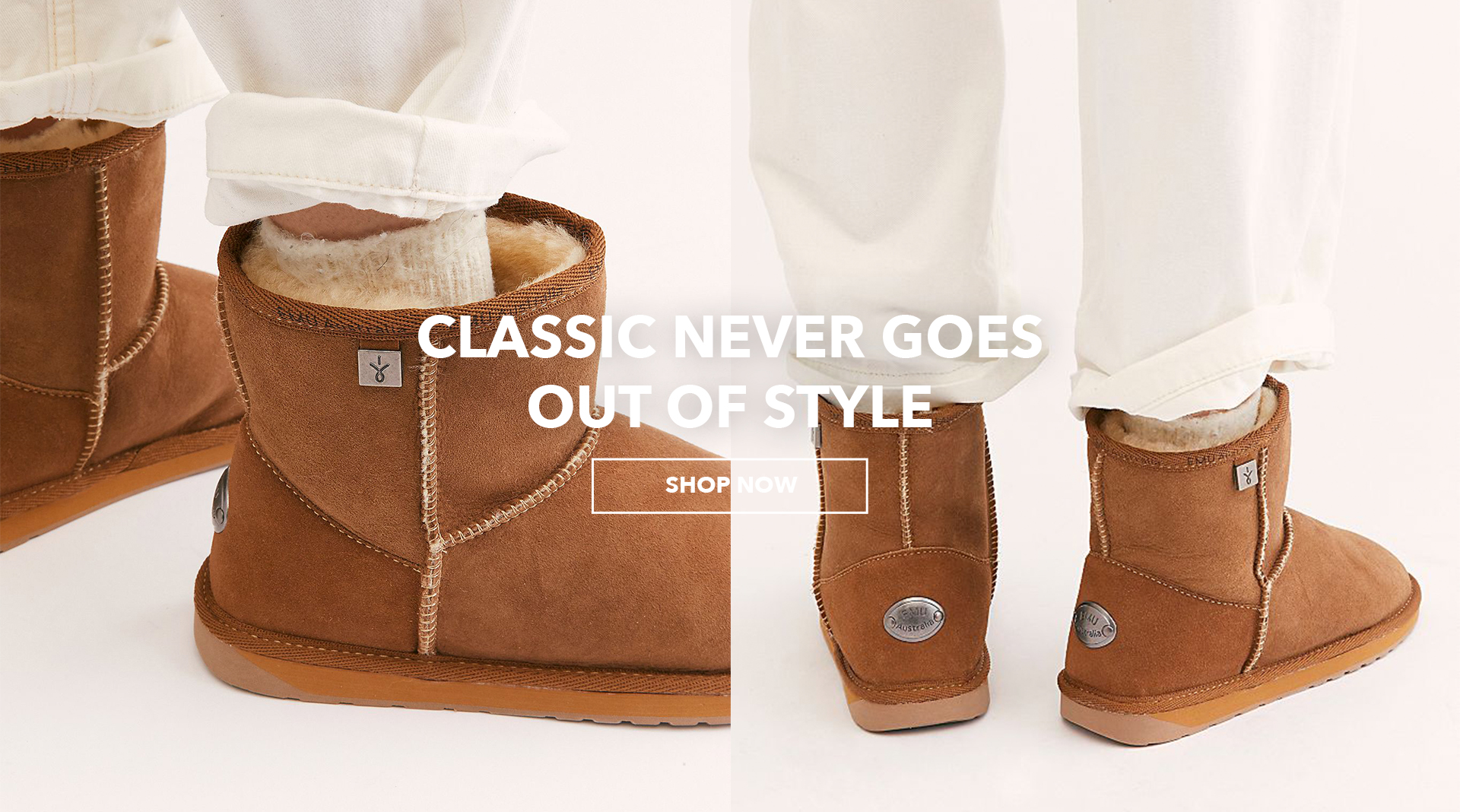 Person wearing white jeans and Australian Made sheepskin boots. Classic never goes out of style. Shop Now.