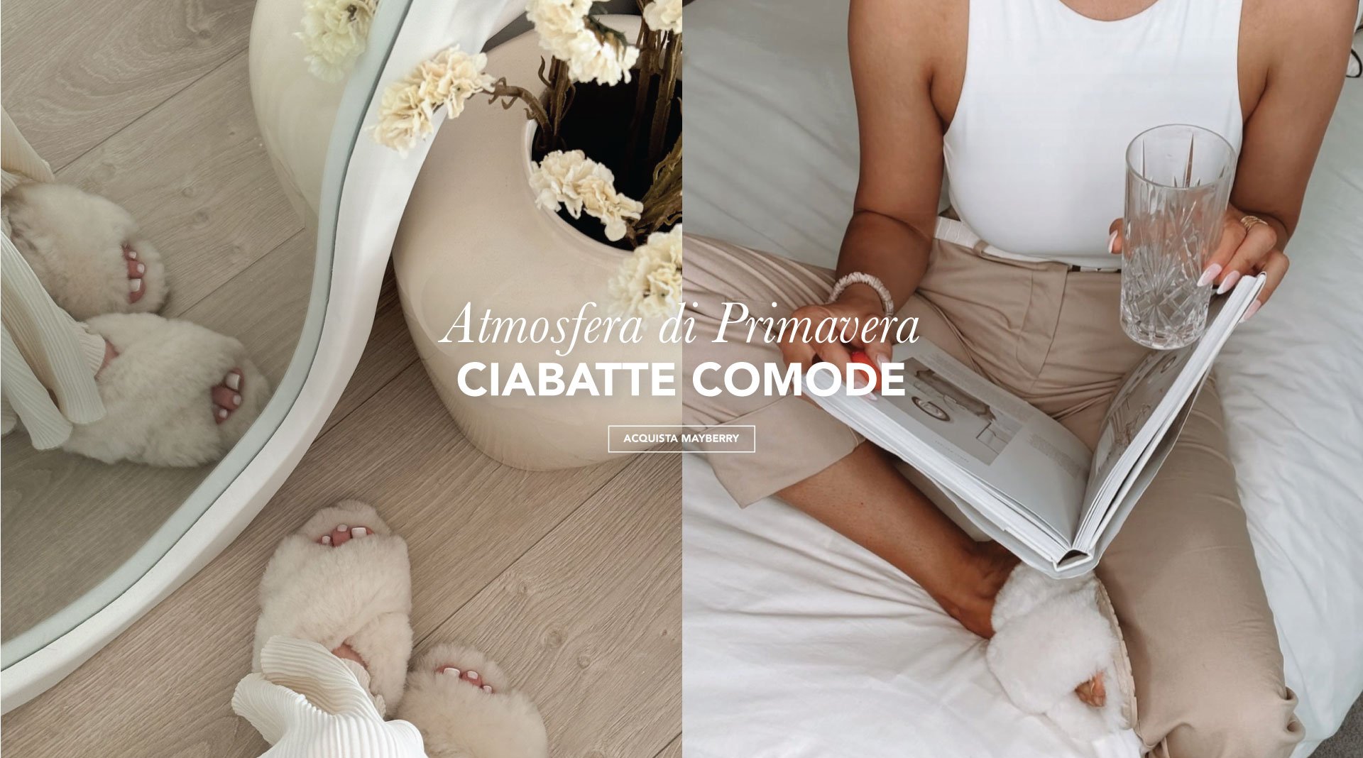 ADD ALT TEXT reads:Spring Vibes, Cosy Slides. Shop Mayberry.