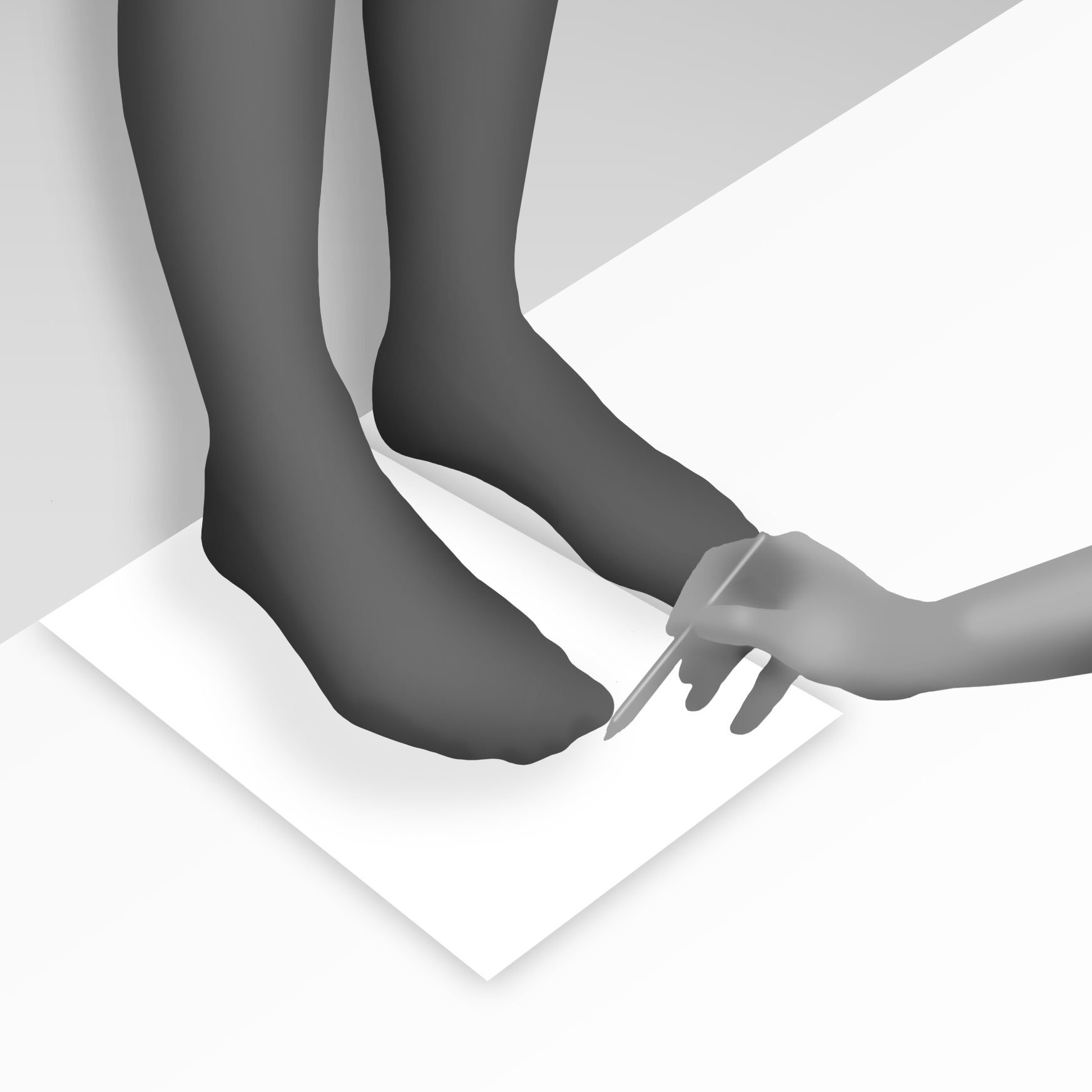 Diagram for 'Step 2' - Feet on a sheet of paper with heels pressed up against the wall and person marking paper at tip of big toe with a pencil