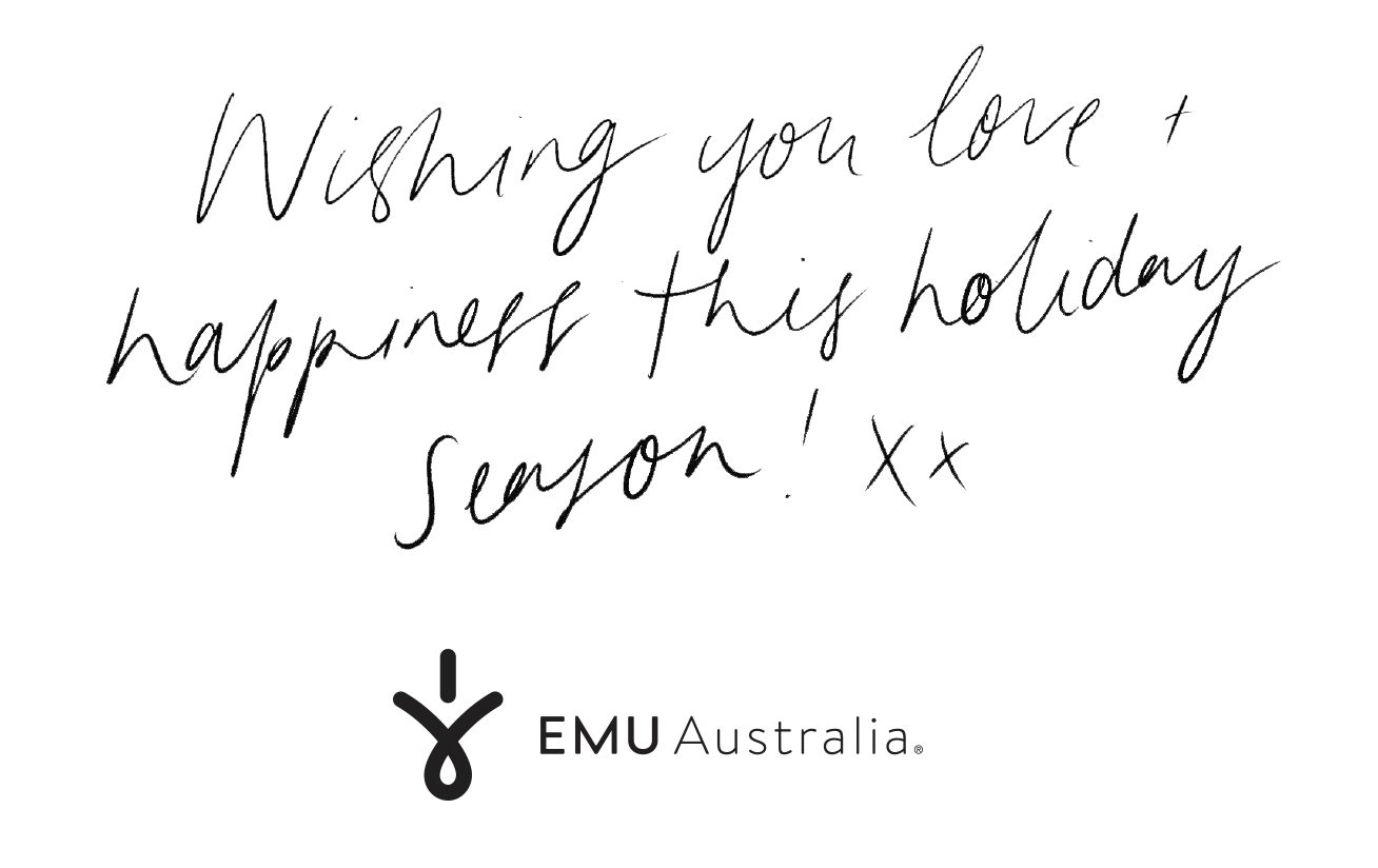 Holiday well wishes in script handwriting and EMU Australia logo