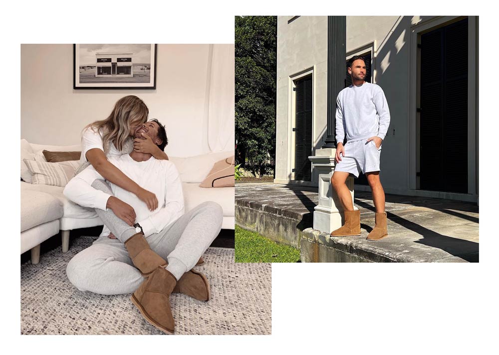 Couple sitting on ground wearing matching EMU Australia sheepskin boots, Man standing on verandah wearing EMU Australia sheepskin boots