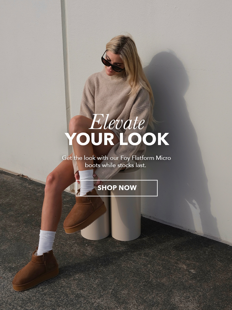 Woman wearing on-trend Australian sheepskin platform micro boots and long white socks, text reads: Elevate Your Look, Pre-order Now