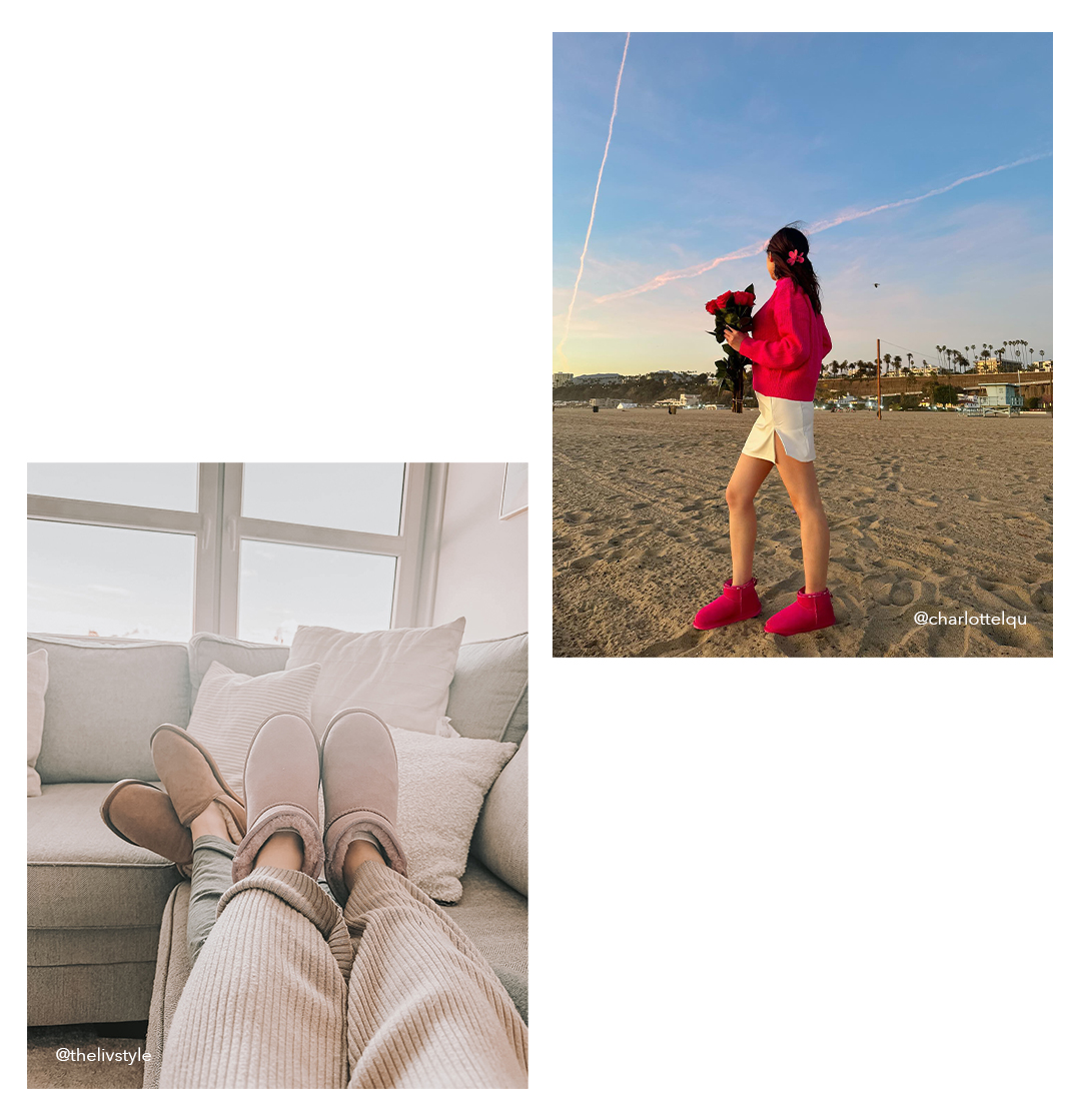 A man and woman laying on couch in cosy pants and sheepskin slippers. Woman standing on beach in pink top, white shorts and pink sheepskin boots holding red roses.