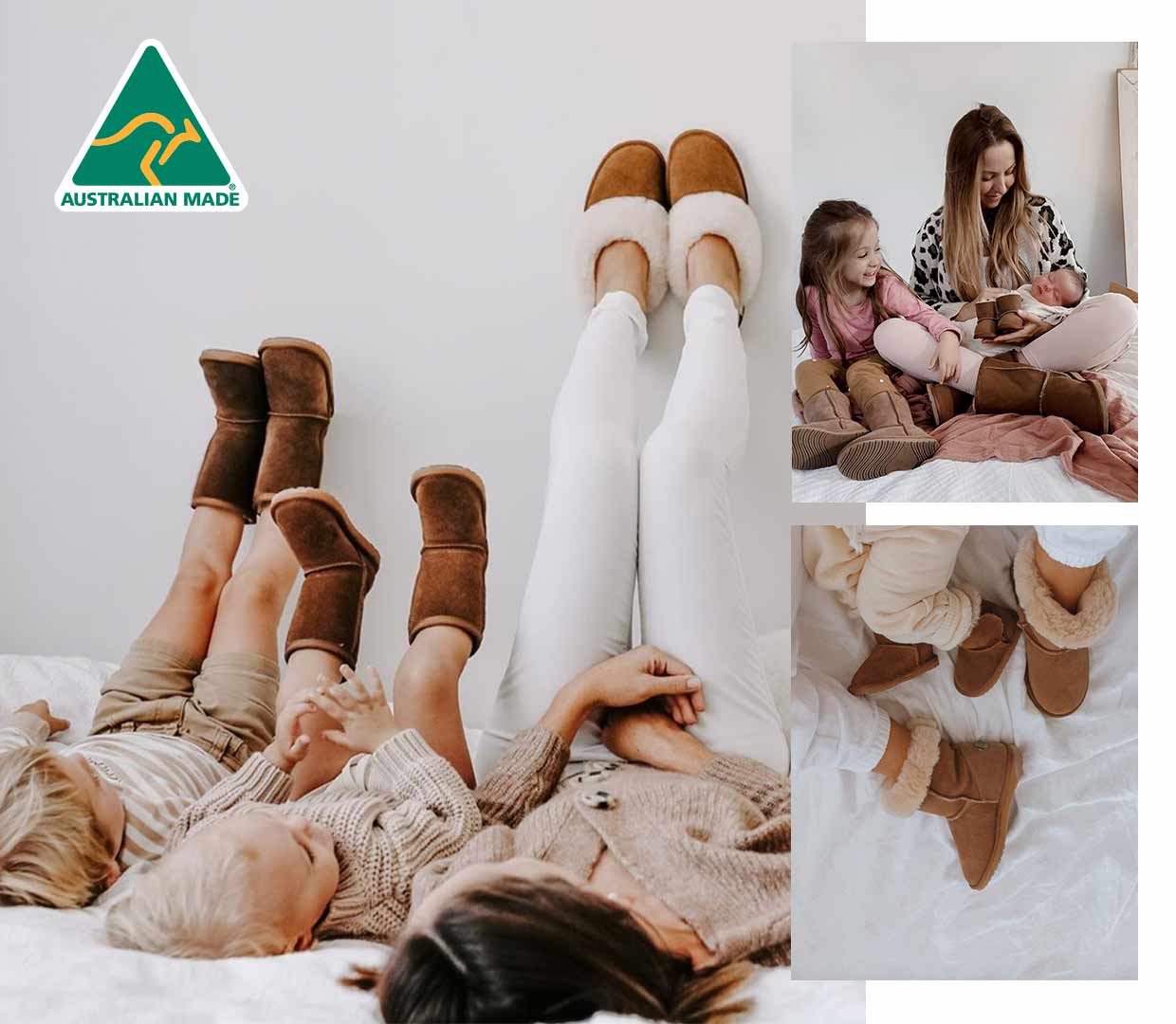 Collage of mums and children wearing Australian Made EMU Australia slippers on bed