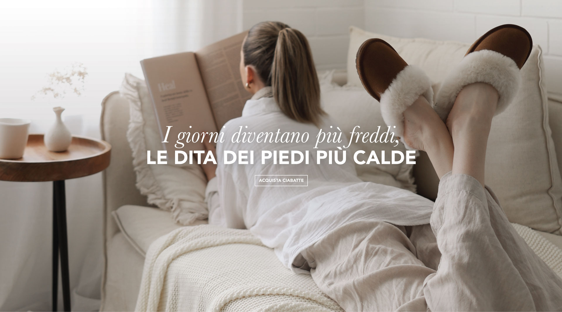 ADD ALT TEXT reads:Days get colder, toes get warmer. Shop Slippers.
