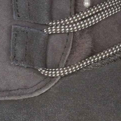 Close-up of suede, stitching and lace of boot