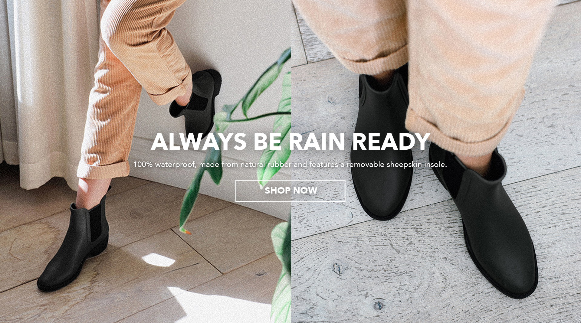 Girl wearing black rainboots. Always be rain ready, 100% Waterproof, made from sustainable rubber and features a removable sheepskin insole. Shop Now.