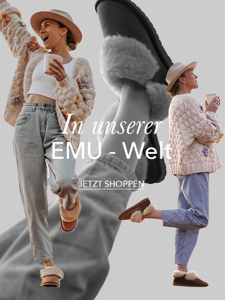 Collage of girl posing while wearing cosy jumper, denim jeans and sheepkin slippers. Text reads: In Our EMU Era. Shop Now.