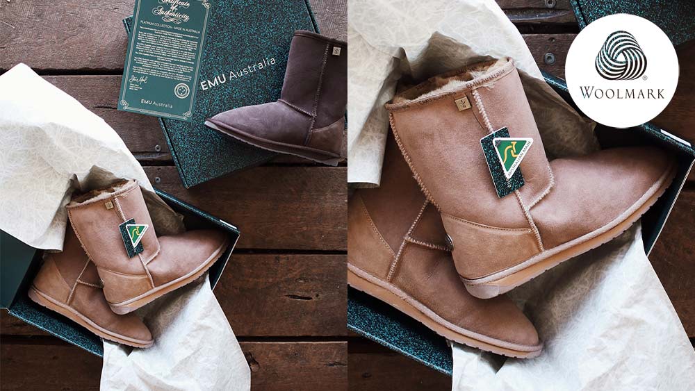 EMU Australian Made sheepskin boot in original packaging and Australian Made tag, accredited Woolmark logo