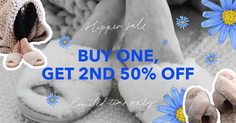 Cutout collage style images of women wearing EMU sheepskin slippers and flasing blue flowers. Text reads: Slipper Sale. Buy one, get 2nd 50% off. Limited time only.
