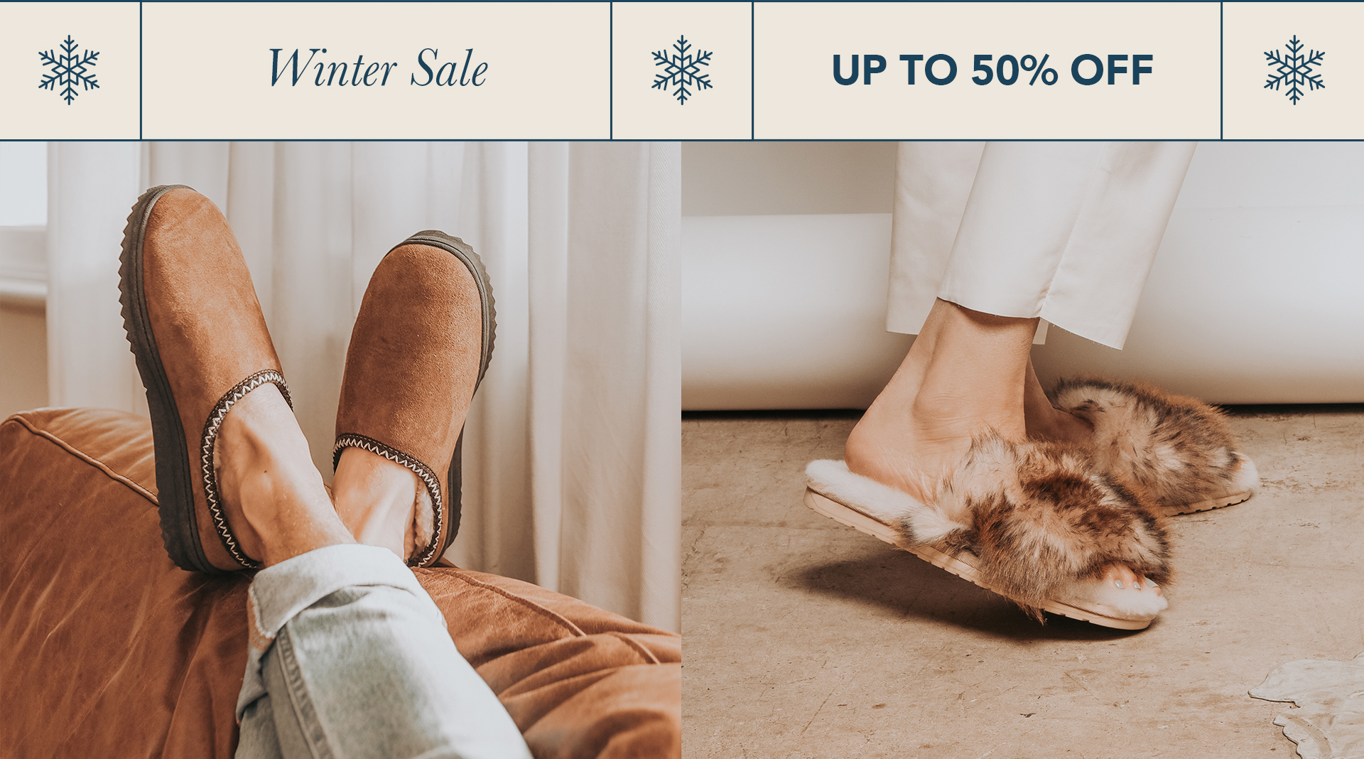 Two women wearing fluffy sheepskin slippers and knee high sheepskin boots. Text reads, Winter Sale, Up to 50% Off