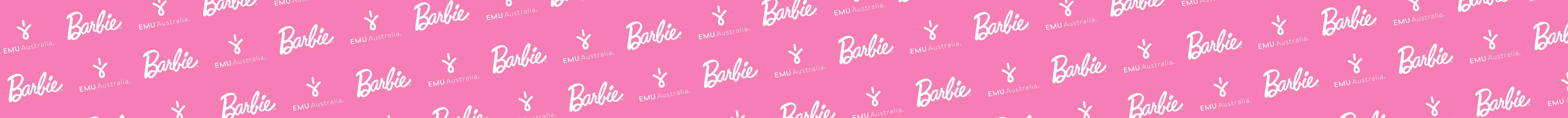 EMU Australia X BARBIE Collaboration banner. Pink background with white repeated 'EMU Australia' and 'Barbie' alternating logos.