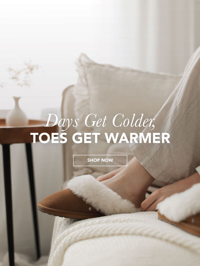 ADD ALT TEXT reads:Days get colder, toes get warmer. Shop Slippers.