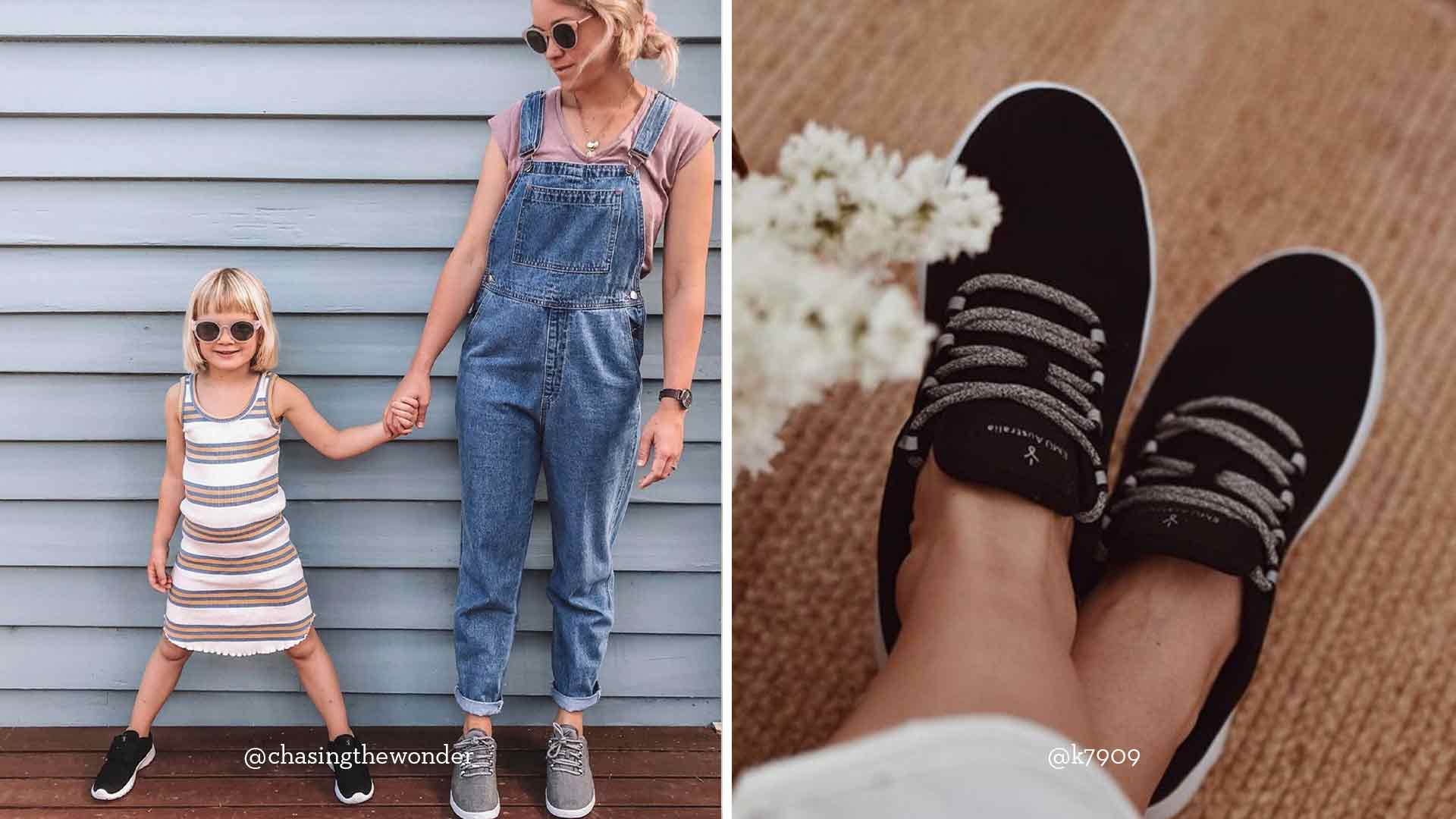 Mum and daughter holding hands wearing EMU wool sneakers, EMU wool sneakers on woman's foot next to flowers