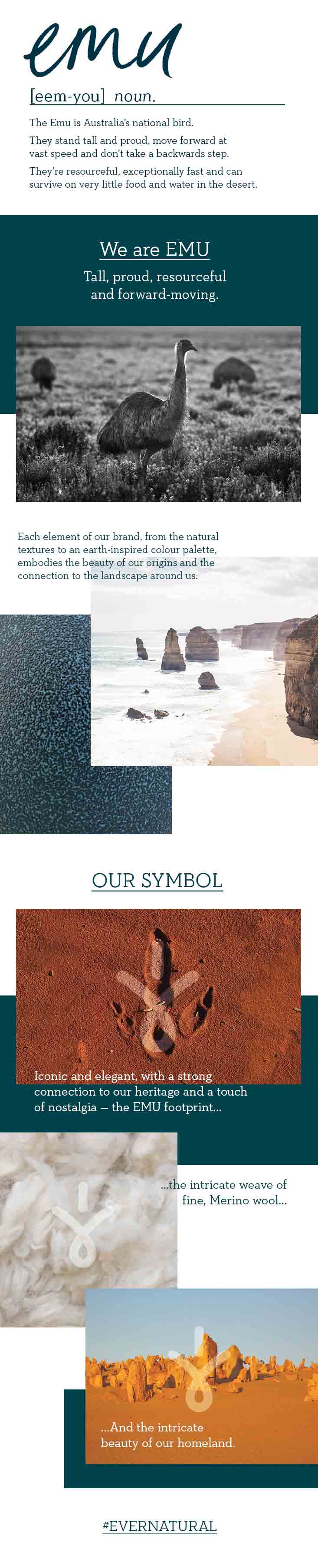 Landing Page detailing the origins and symbolism of our brand name 'EMU Australia' and brand logo