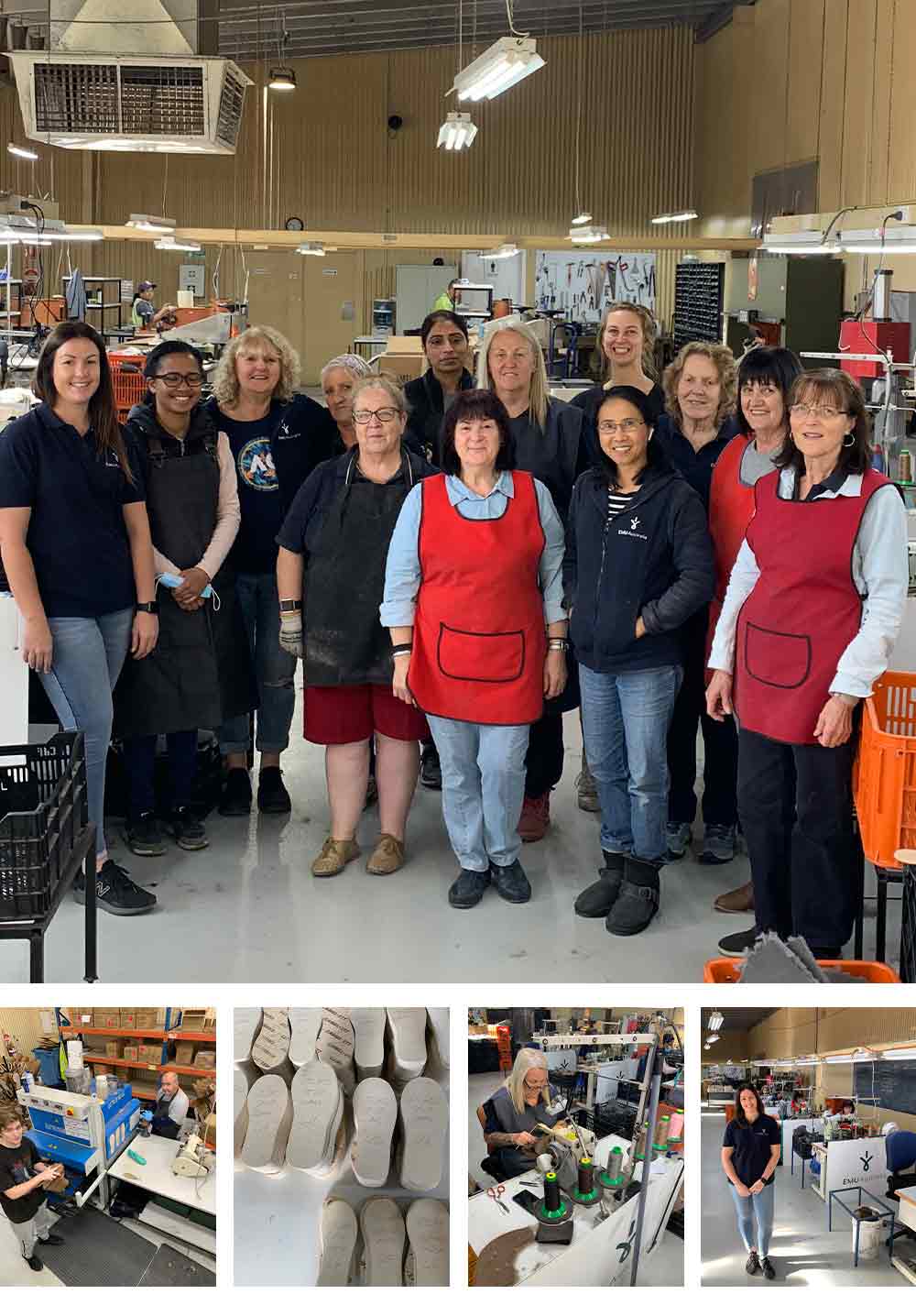 Collage of EMU Australia factory HQ and factory workers