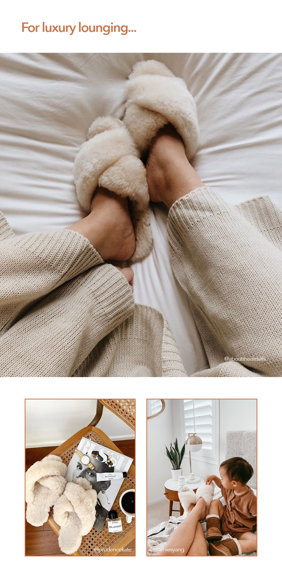 'For Luxury Lounging...' woman wearing white fluffy sheepskin slippers and knitted pants on bed