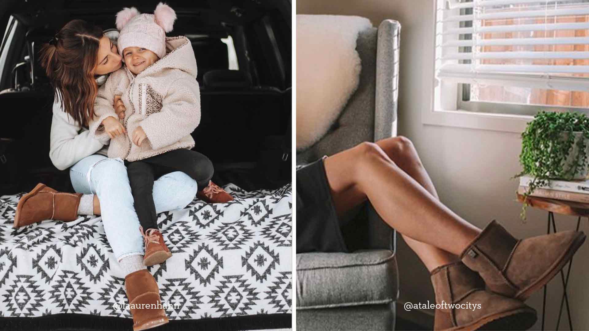 Woman wearing EMU sheepskin boots and cuddling daughter, woman lounging on armchair wearing EMU sheepskin boots 