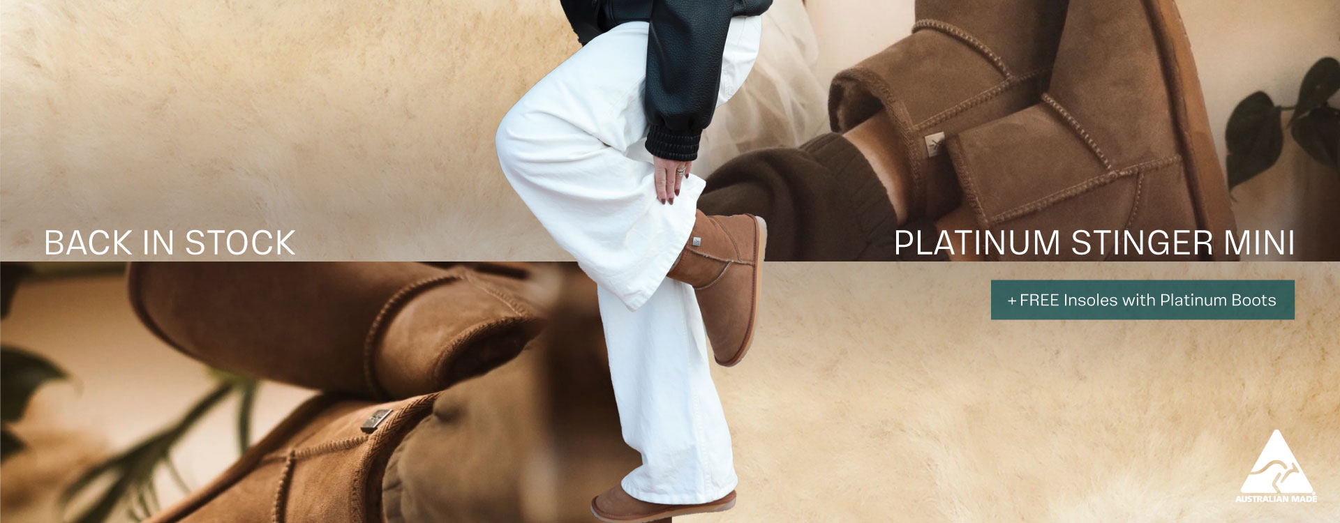 ADD ALT TEXT reads: Back In Stock. Platinum Stinger Mini. + Free insoles with Australian made platinum boots.