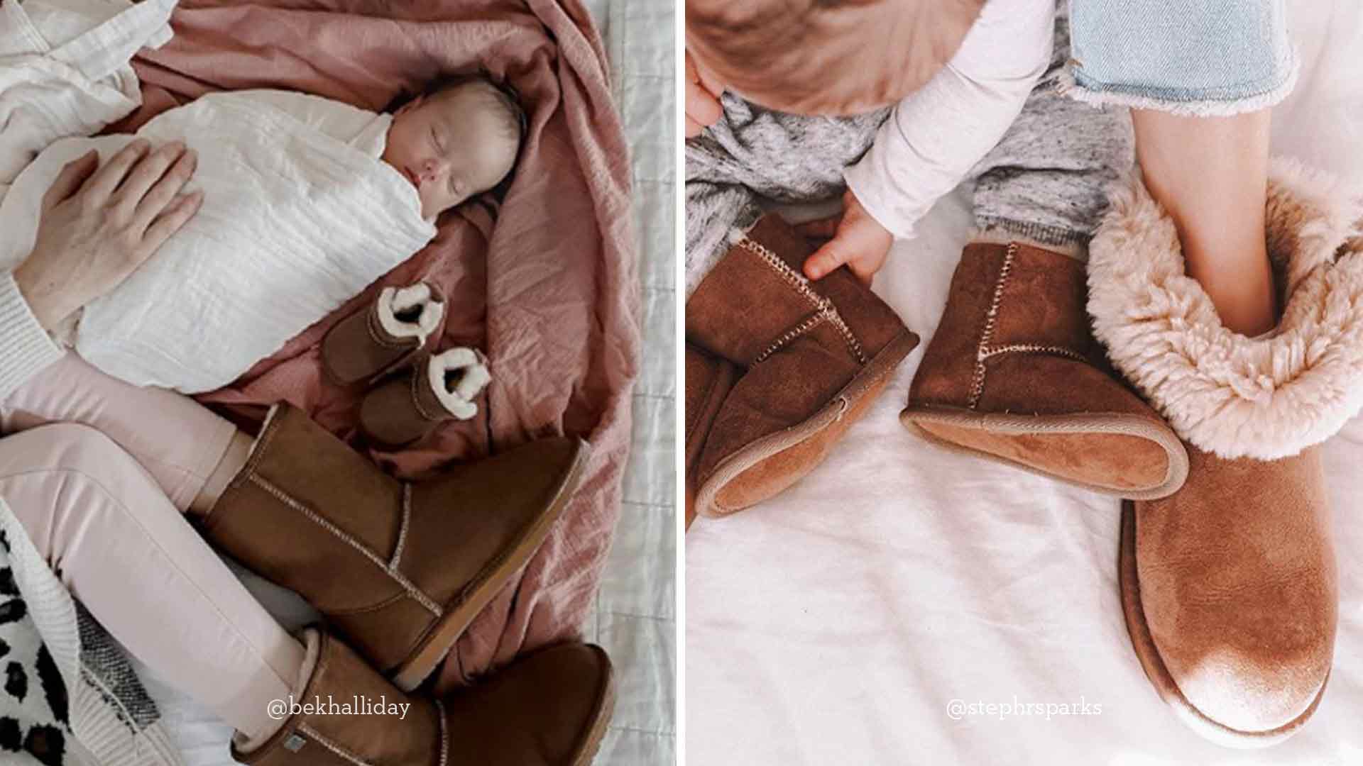 Mum's cudding babies on bed while wearing EMU sheepskin boots and slippers