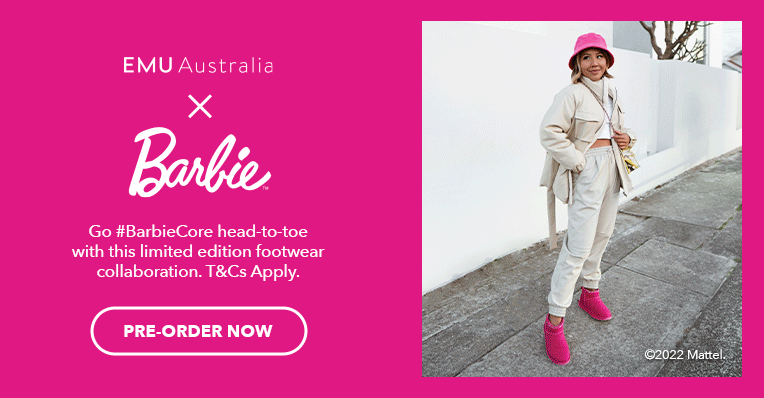 Woman wearing pink sheepskin boots in lounge, woman crouching down wearing pink sheepskin slippers insode,
                woman standing outside wearing pink sheepskin boots, mother and daughtersmiling at each other wearing limited edition barbie womens slippers and kids boots.
                Pre-order EMU x BARBIE Collab now.