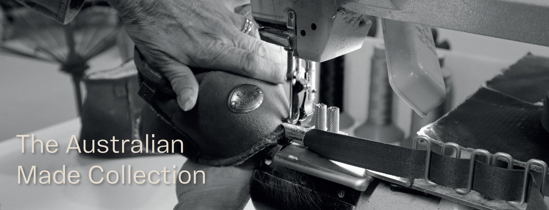 Image of hand made sheepskin boots, in the hands of a skilled maker. The Australian Made Collection.