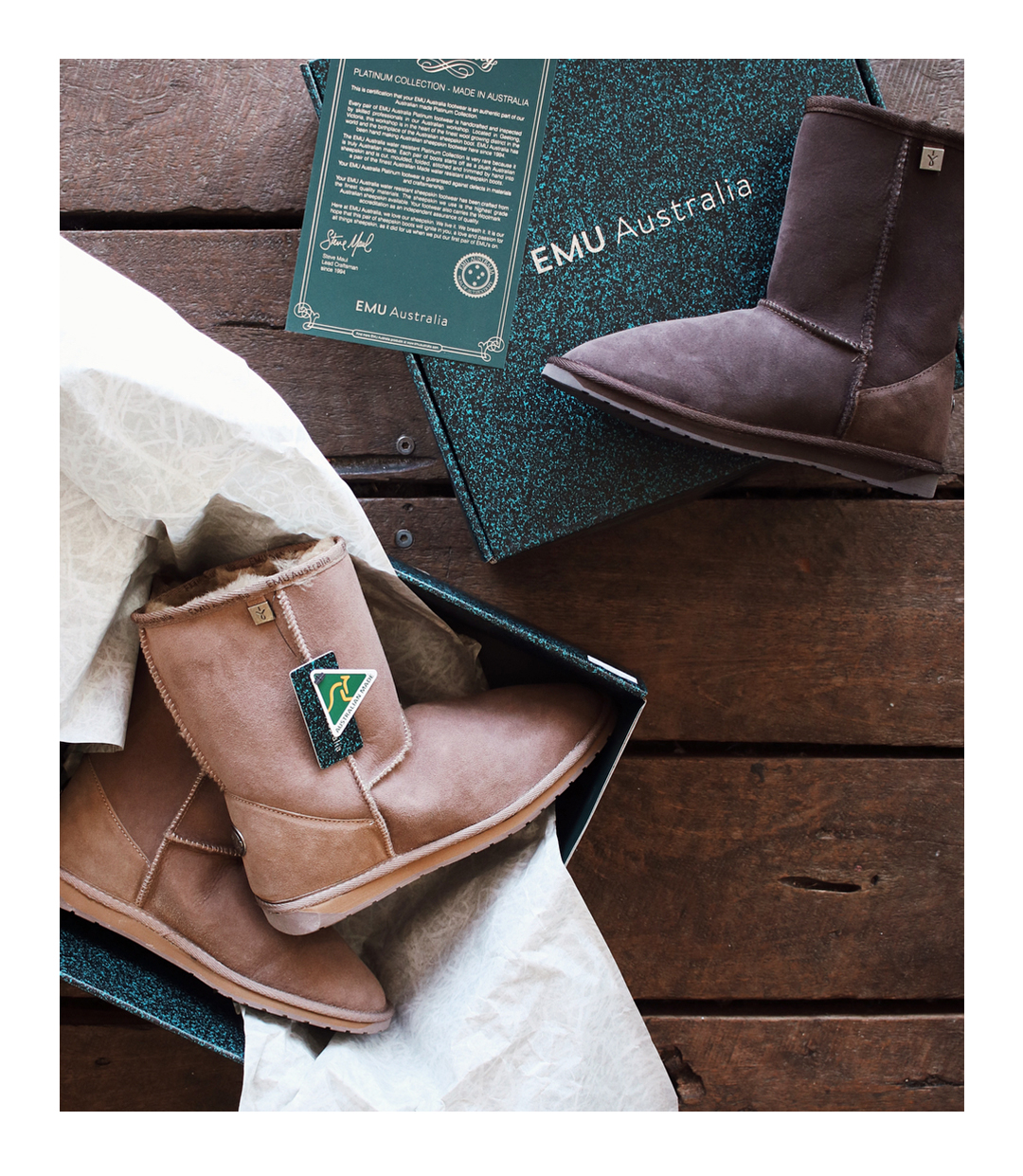 Chestnut and chocolate sheepskin boots with premium packaging and authentic Australian Made tags and certificate