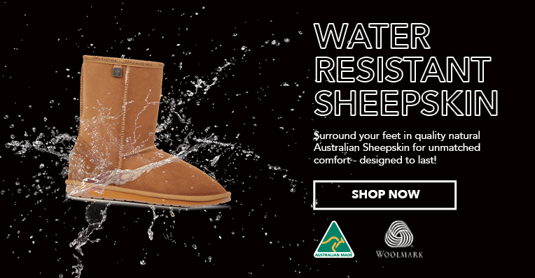 Water Resistant sheepskin boot flotaing on black background with water splash effect. Heading reads: Water Resistant Sheepskin,
                Secondary text reads: Surround your feet in quality natural Australian Sheepskin for unmatched comfort - designed to last.
                Call to Action: Shop Now