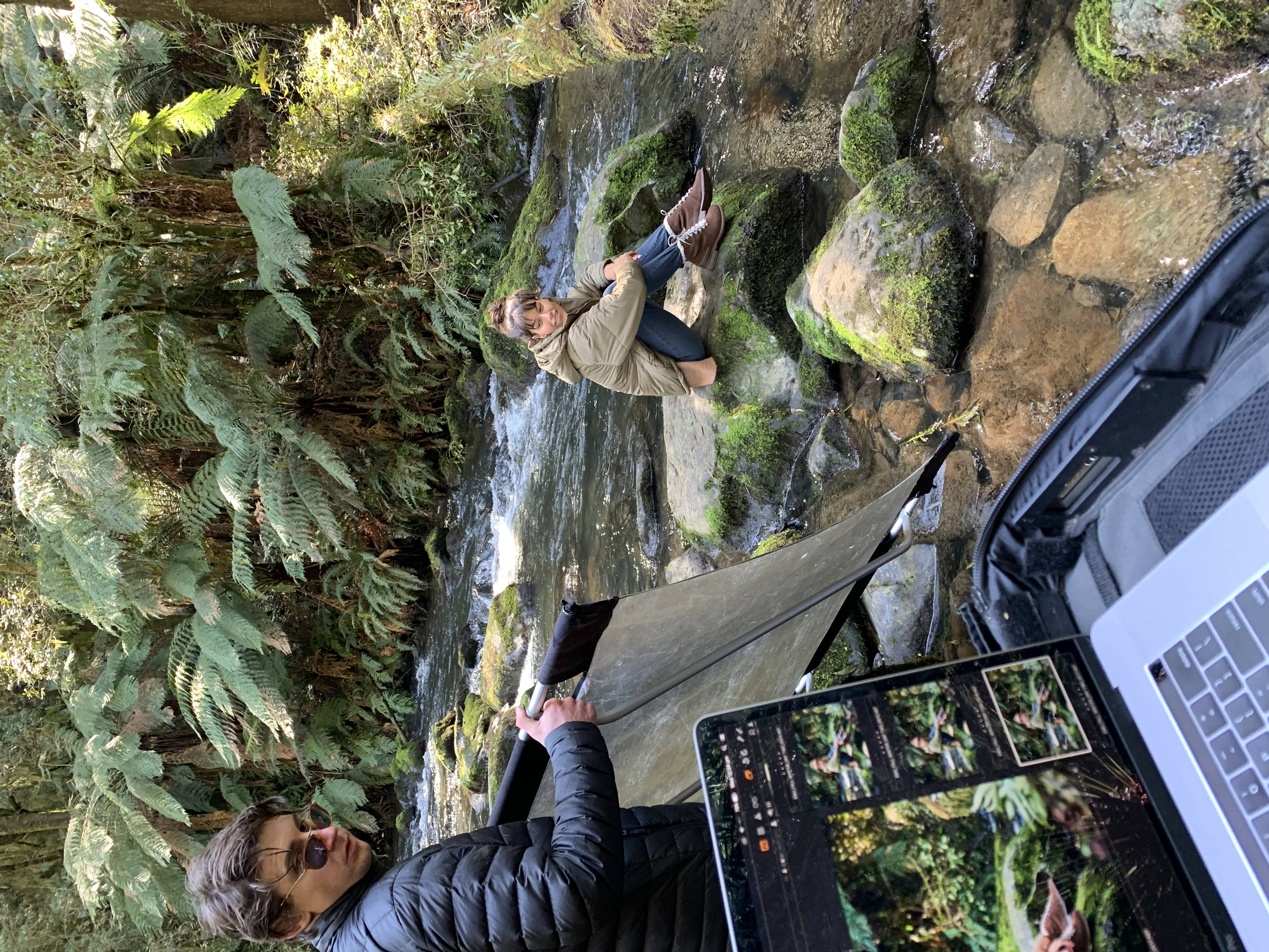 Model, photographer and computer at EMU photoshoot in Australian national park