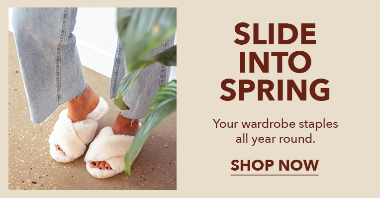 Iconic Mayberry sheepskin slippers on foot, slide into Spring, Shop womens slippers