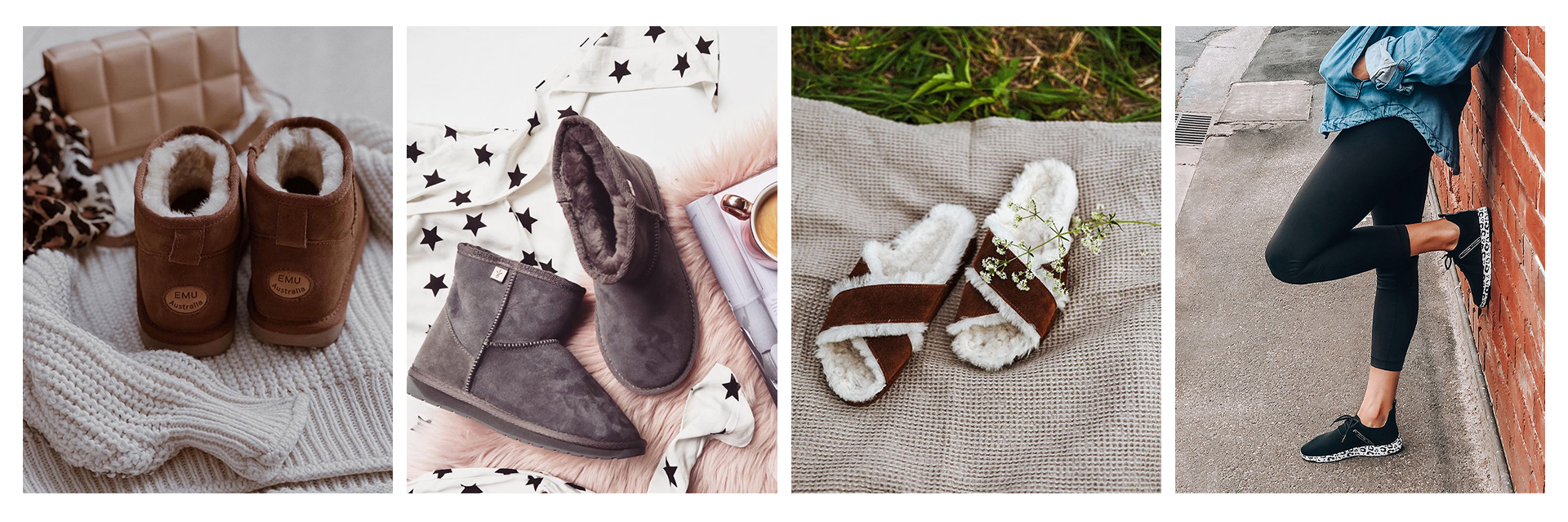 Collage of EMU team favourite styles, sheepskin boots, slides and wool sneakers