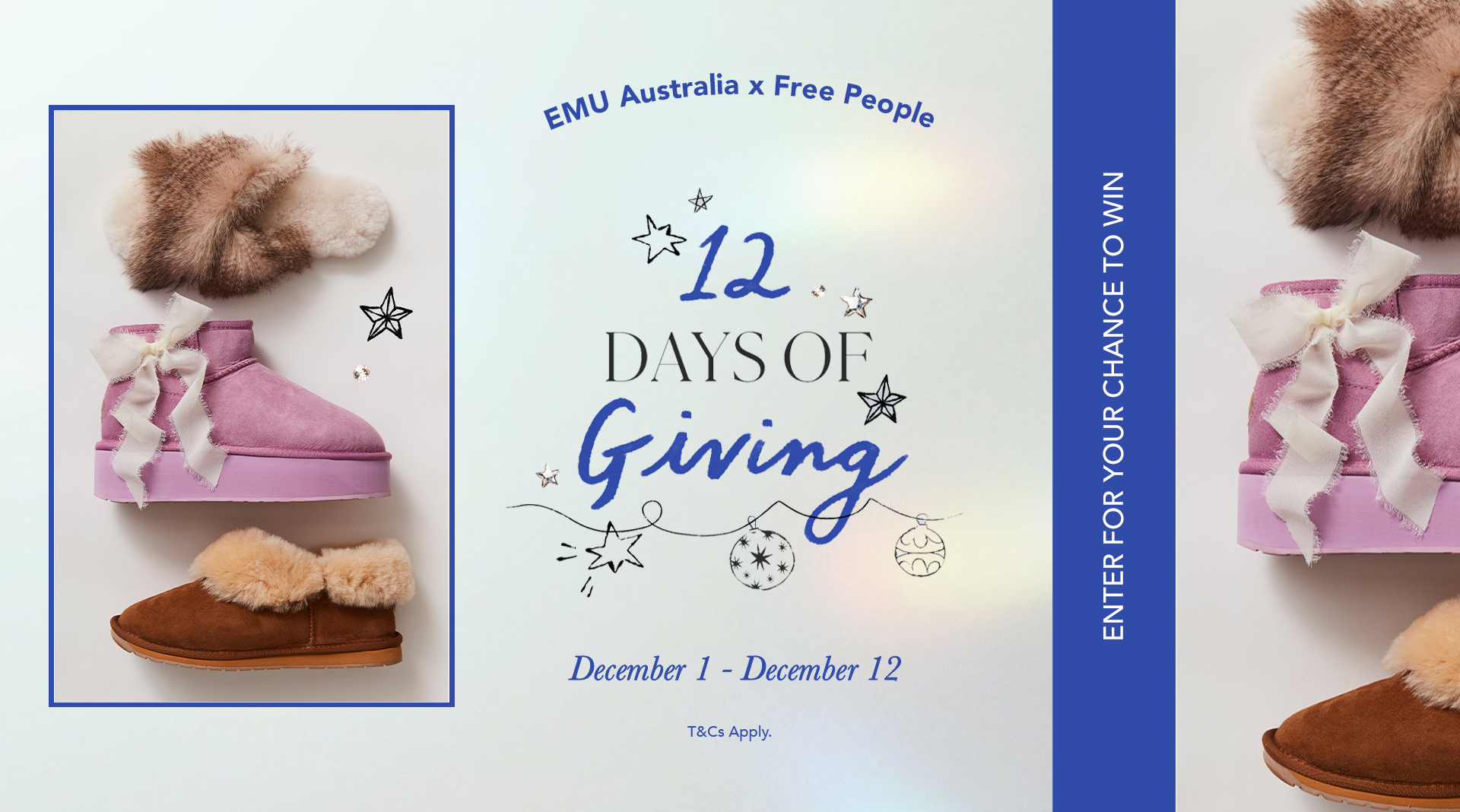 EMU x Free People 12 Days of Giving, December 1 - December 12. Enter for your chance to win.