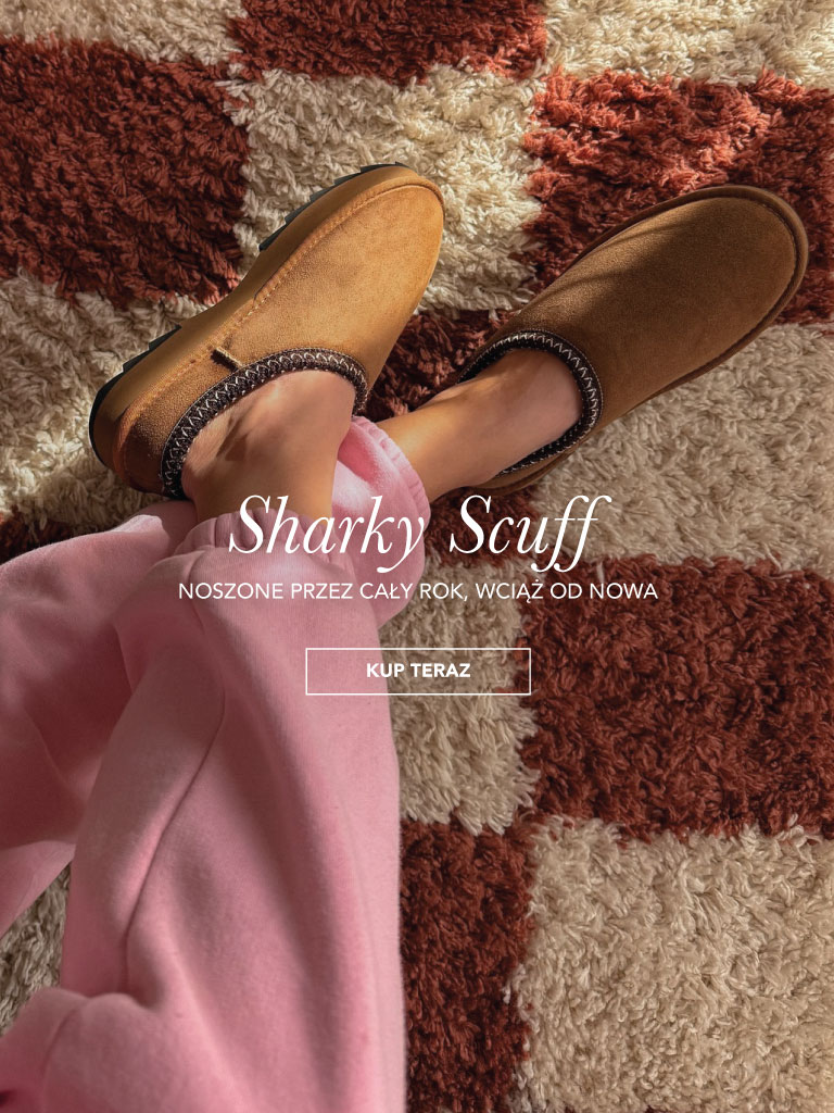 ADD ALT TEXT reads:The Sharky Scuff. Worn all year, on repeat. Shop Now.