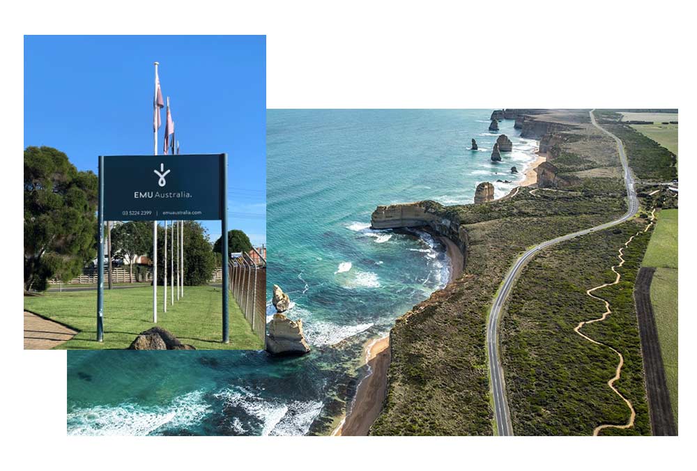 EMU Australia sign at HQ, aerial view of Great Ocean Road coastline
