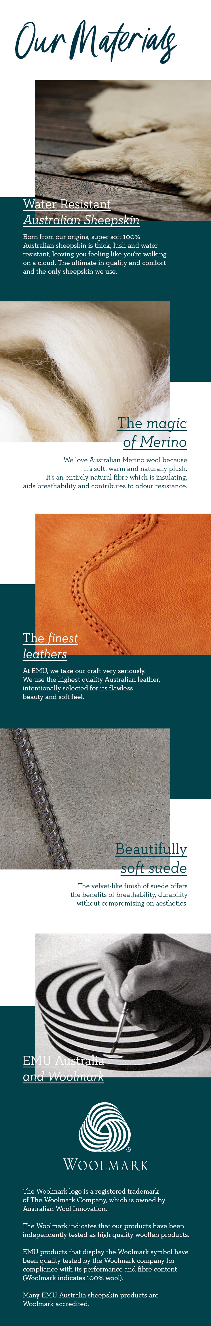 Landing page titled 'Our Materials' detailing the superior quality, benefits and features of the natural materials we use for our products including water-resistant Australian sheepskin, Australian Merino wool, the highest quality Australian leathers and suede. We are also proudly Woolmark Accredited meaning our products are compliant with The Woolmark Company's highest standards of performance and fibre content (Woolmark indicates 100% wool).