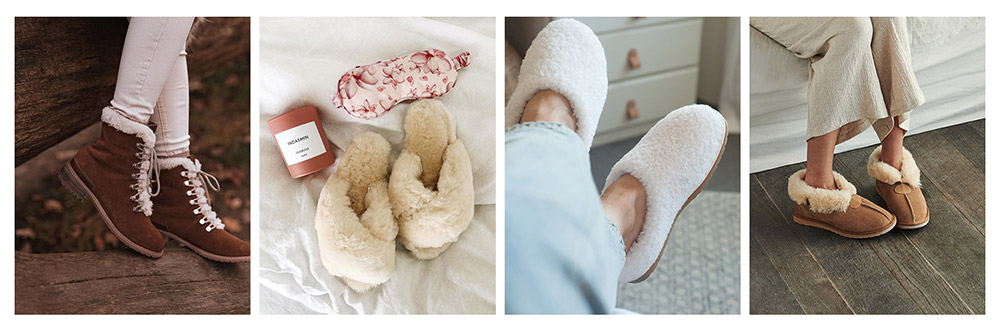 Collage of favourite weekend styles, EMU hiking boots, sheepskin slippers