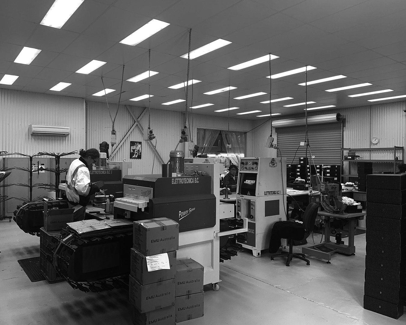 Machinery inside EMU Australia factory, inside EMU Australia warehouse, outside view of warehouse 