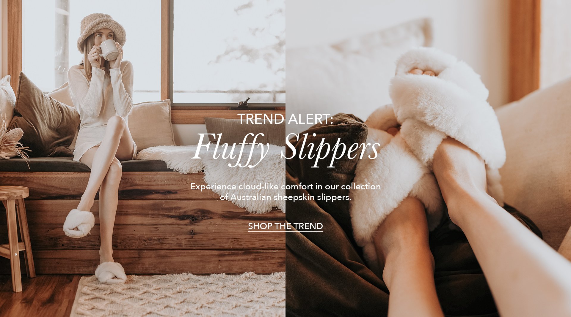 Woman sitting in cabin sipping tea, wearing cute outfit and cosy Australian sheepskin slippers