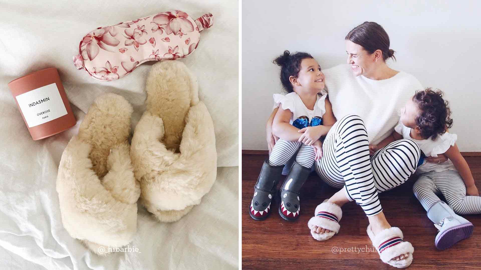 Mayberry sheepskin slippers on bed with candle and eye pillow, Woman sitting down wearing Wrenlette sheepskin slipper and hugging two children