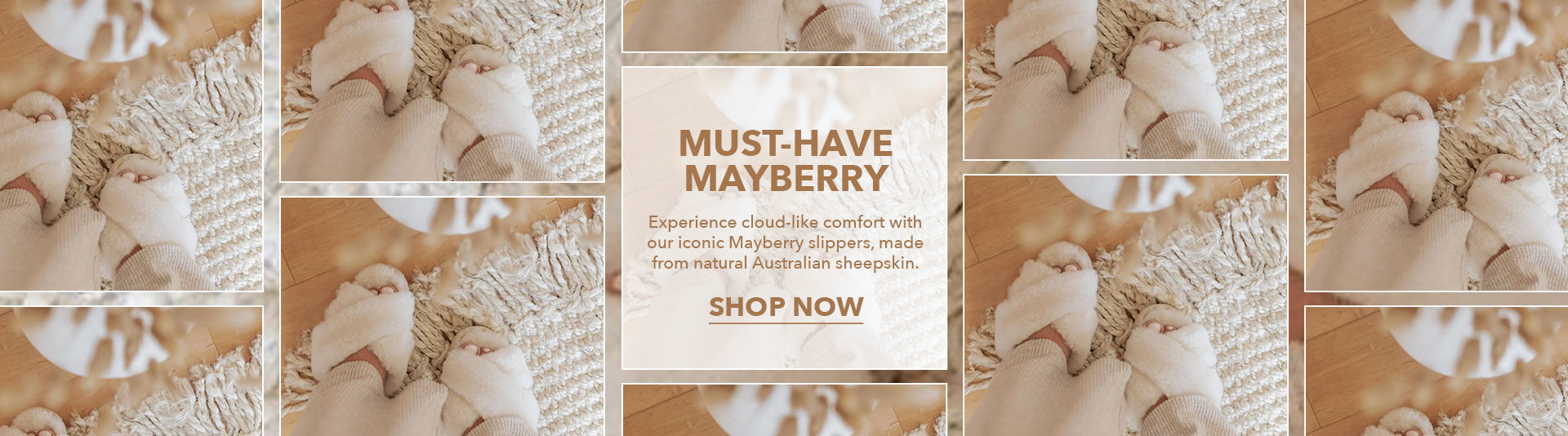Woman at home standing on wovan rug and floorboards wearing EMU Mayberry Natural slippers